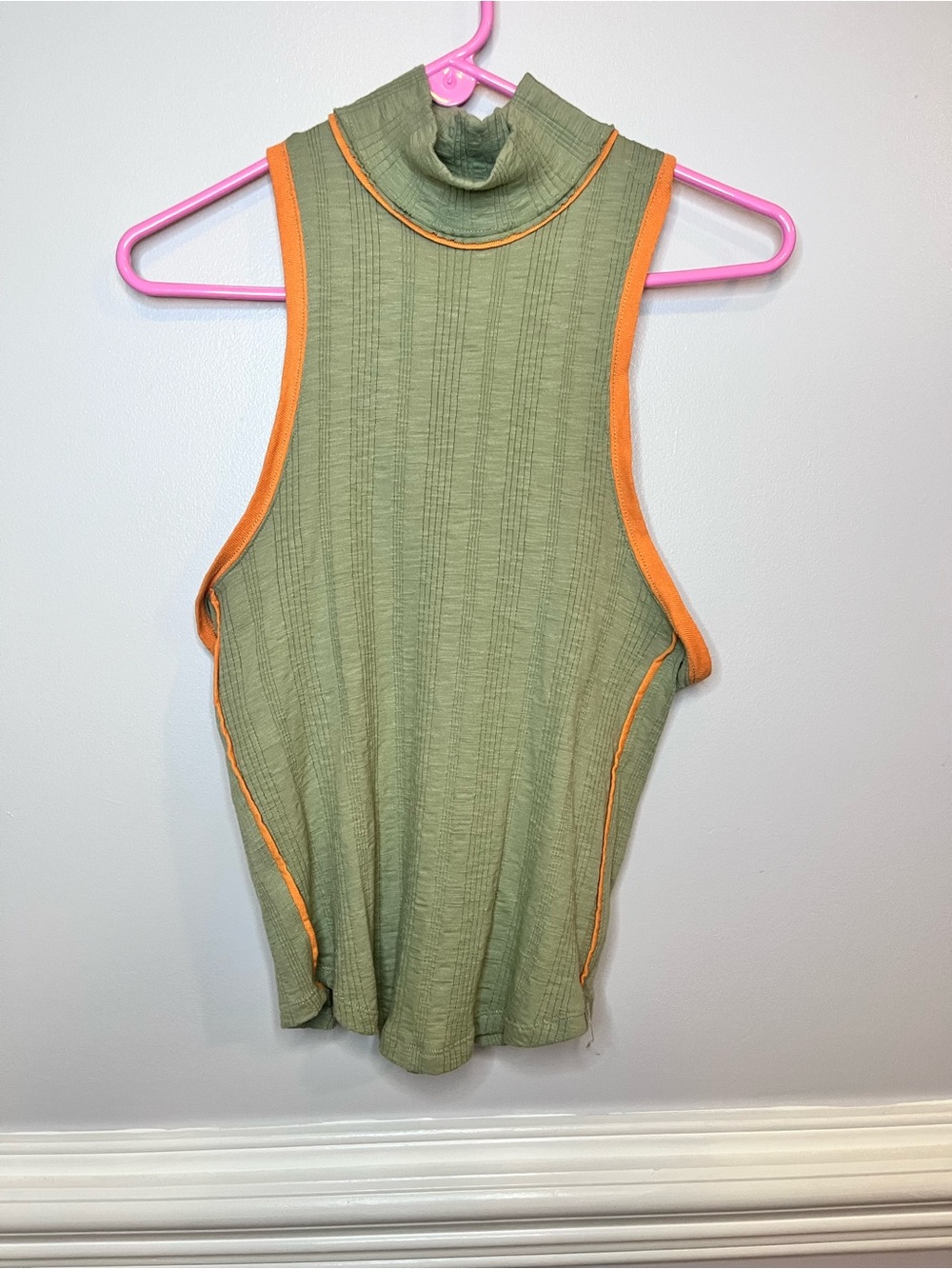 Free People Olive Green Mock Neck Tank with Orange Trim
